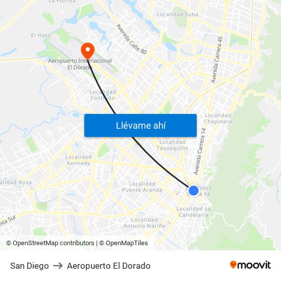 San Diego to Aeropuerto El Dorado map