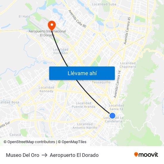 Museo Del Oro to Aeropuerto El Dorado map