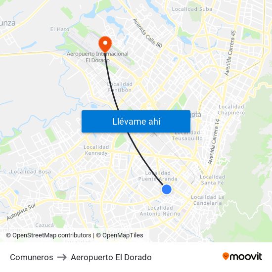 Comuneros to Aeropuerto El Dorado map