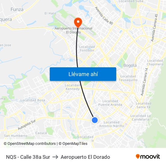 NQS - Calle 38a Sur to Aeropuerto El Dorado map