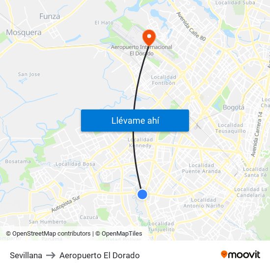 Sevillana to Aeropuerto El Dorado map
