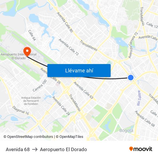 Avenida 68 to Aeropuerto El Dorado map