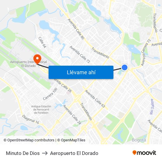 Minuto De Dios to Aeropuerto El Dorado map