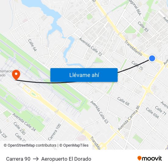 Carrera 90 to Aeropuerto El Dorado map