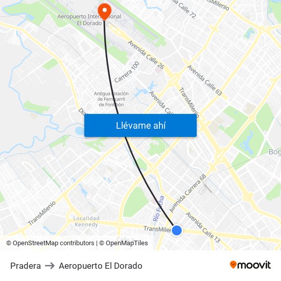 Pradera to Aeropuerto El Dorado map