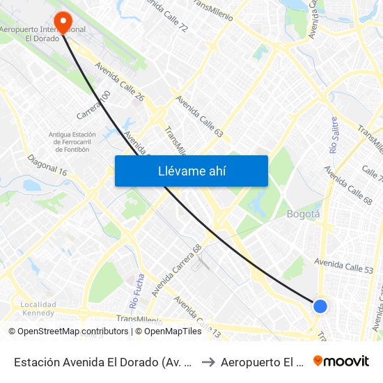 Estación Avenida El Dorado (Av. NQS - Cl 40a) to Aeropuerto El Dorado map