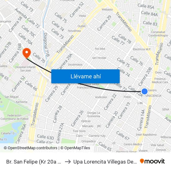 Br. San Felipe (Kr 20a - Cl 74) to Upa Lorencita Villegas De Santos map