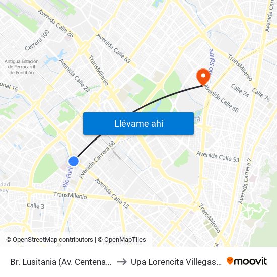 Br. Lusitania (Av. Centenario - Ak 68d) to Upa Lorencita Villegas De Santos map