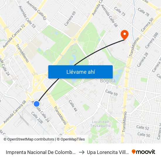 Imprenta Nacional De Colombia (Av. Esperanza - Kr 66) to Upa Lorencita Villegas De Santos map