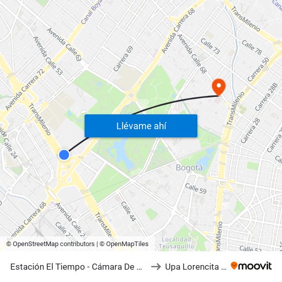 Estación El Tiempo - Cámara De Comercio De Bogotá (Ac 26 - Kr 68b Bis) to Upa Lorencita Villegas De Santos map