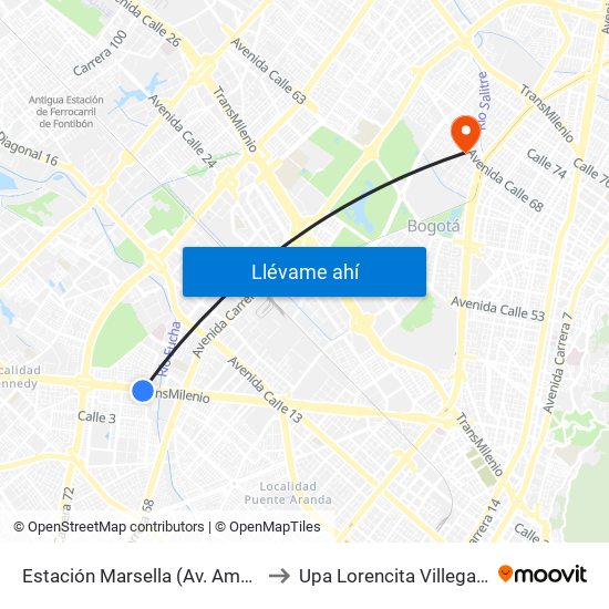 Estación Marsella (Av. Américas - Kr 69b) to Upa Lorencita Villegas De Santos map