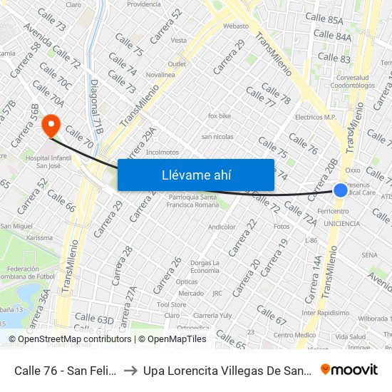 Calle 76 - San Felipe to Upa Lorencita Villegas De Santos map