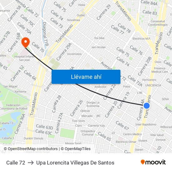 Calle 72 to Upa Lorencita Villegas De Santos map