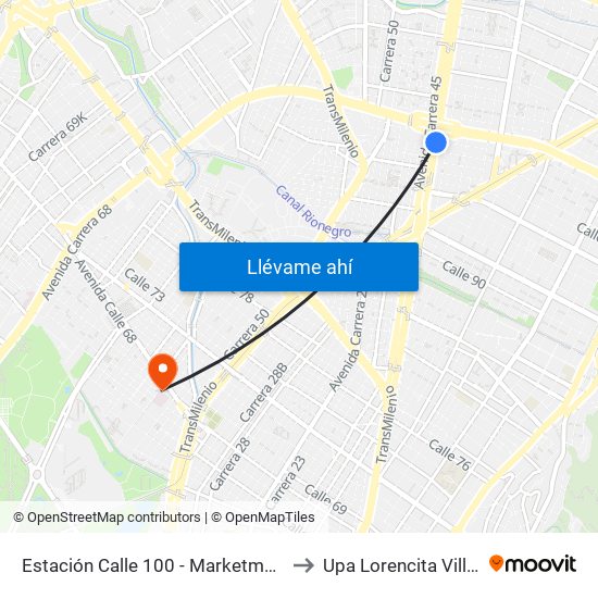 Estación Calle 100 - Marketmedios (Auto Norte - Cl 98) to Upa Lorencita Villegas De Santos map