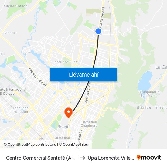 Centro Comercial Santafé (Auto Norte - Cl 187) (B) to Upa Lorencita Villegas De Santos map