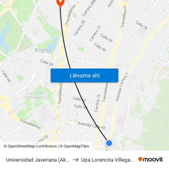 Universidad Javeriana (Ak 7 - Cl 40) (B) to Upa Lorencita Villegas De Santos map