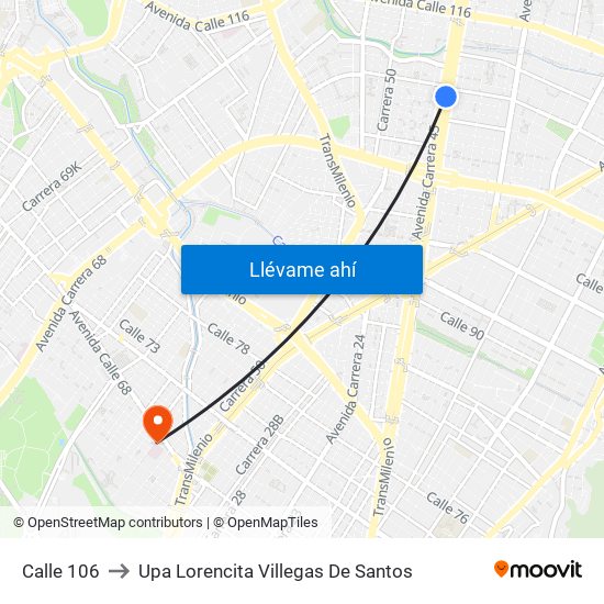 Calle 106 to Upa Lorencita Villegas De Santos map