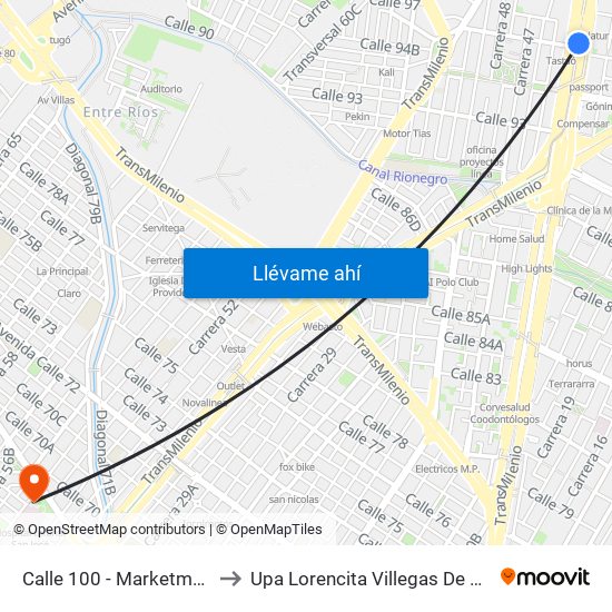 Calle 100 - Marketmedios to Upa Lorencita Villegas De Santos map