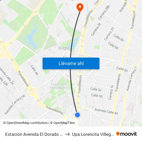 Estación Avenida El Dorado (Av. NQS - Cl 40a) to Upa Lorencita Villegas De Santos map