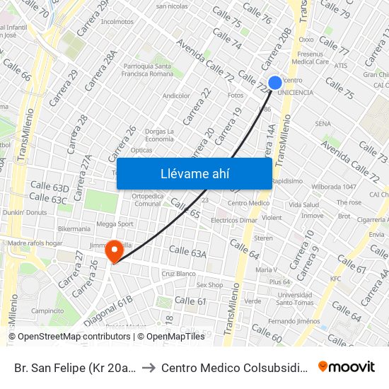 Br. San Felipe (Kr 20a - Cl 74) to Centro Medico Colsubsidio Calle 63 map