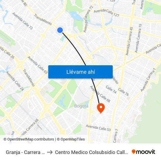 Granja - Carrera 77 to Centro Medico Colsubsidio Calle 63 map