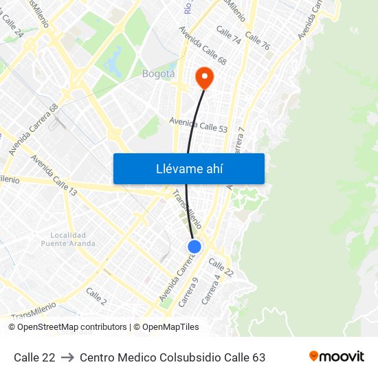 Calle 22 to Centro Medico Colsubsidio Calle 63 map