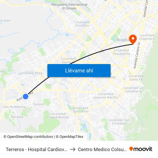 Terreros - Hospital Cardiovascular (Lado Sur) to Centro Medico Colsubsidio Calle 63 map