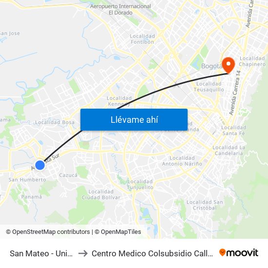 San Mateo - Unisur to Centro Medico Colsubsidio Calle 63 map