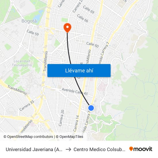 Universidad Javeriana (Ak 7 - Cl 40) (B) to Centro Medico Colsubsidio Calle 63 map
