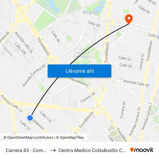 Carrera 43 - Comapan to Centro Medico Colsubsidio Calle 63 map