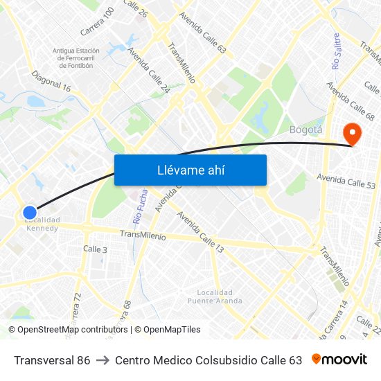 Transversal 86 to Centro Medico Colsubsidio Calle 63 map