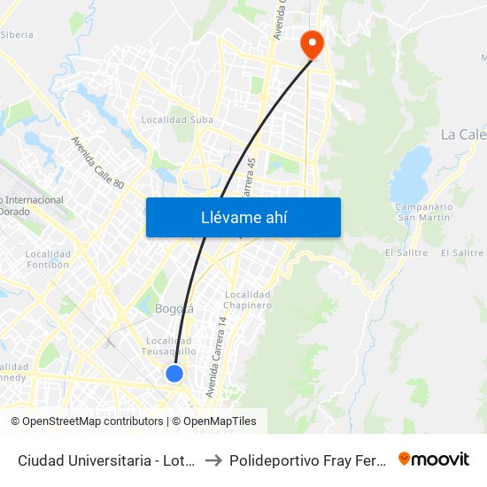 Ciudad Universitaria - Lotería De Bogotá to Polideportivo Fray Fernando Garzón map