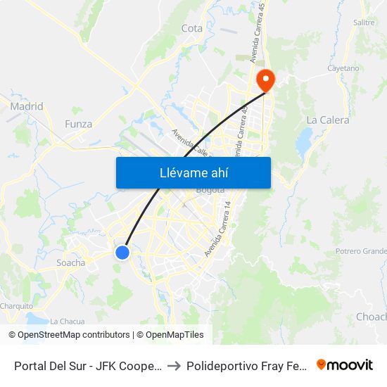 Portal Del Sur - JFK Cooperativa Financiera to Polideportivo Fray Fernando Garzón map