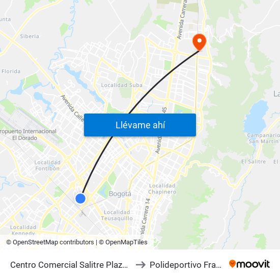 Centro Comercial Salitre Plaza (Av. La Esperanza - Kr 68b) to Polideportivo Fray Fernando Garzón map