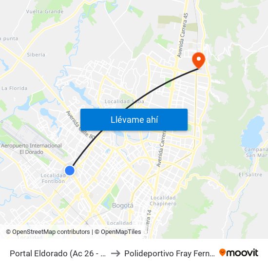 Portal Eldorado (Ac 26 - Av. C. De Cali) to Polideportivo Fray Fernando Garzón map