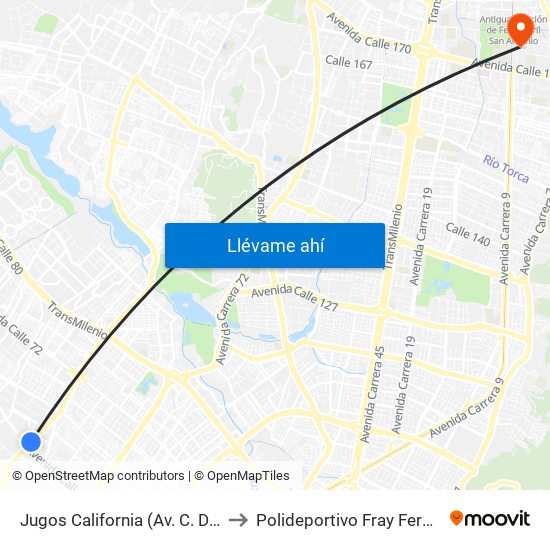 Jugos California (Av. C. De Cali - Ac 63) to Polideportivo Fray Fernando Garzón map