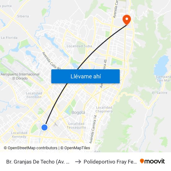 Br. Granjas De Techo (Av. Centenario - Kr 65) to Polideportivo Fray Fernando Garzón map