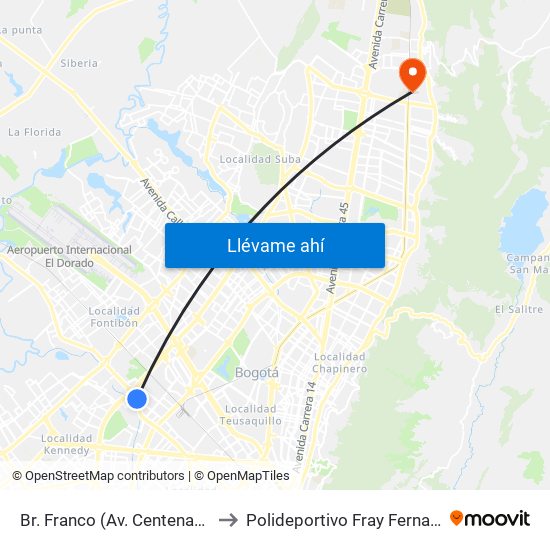 Br. Franco (Av. Centenario - Kr 69b) to Polideportivo Fray Fernando Garzón map