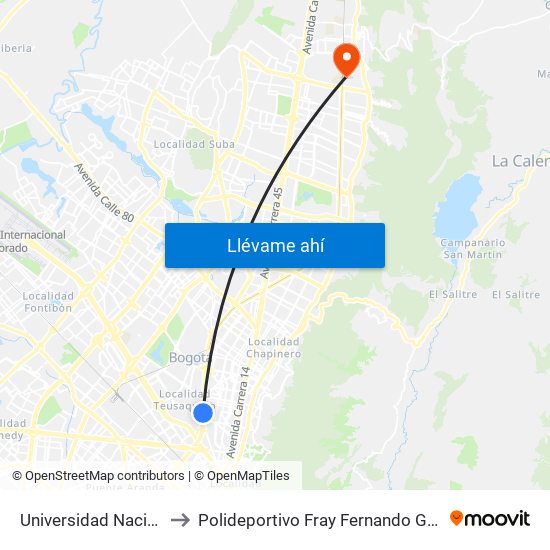 Universidad Nacional to Polideportivo Fray Fernando Garzón map