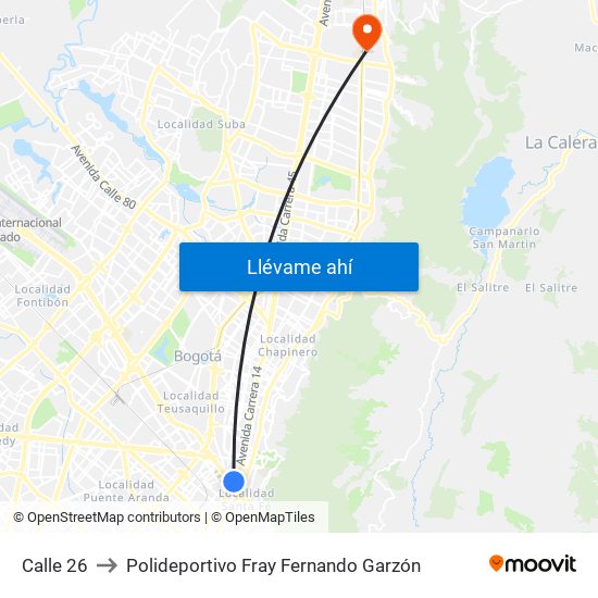 Calle 26 to Polideportivo Fray Fernando Garzón map