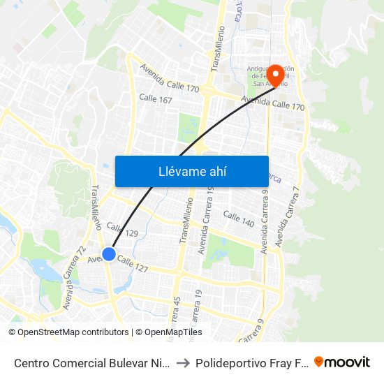 Centro Comercial Bulevar Niza (Ac 127 - Av. Suba) to Polideportivo Fray Fernando Garzón map
