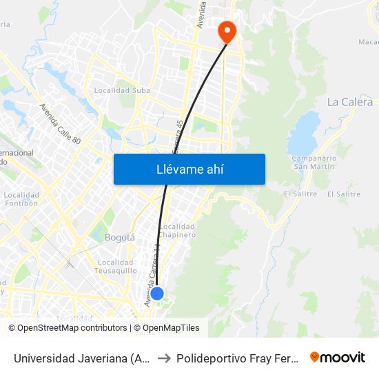 Universidad Javeriana (Ak 7 - Cl 40) (B) to Polideportivo Fray Fernando Garzón map