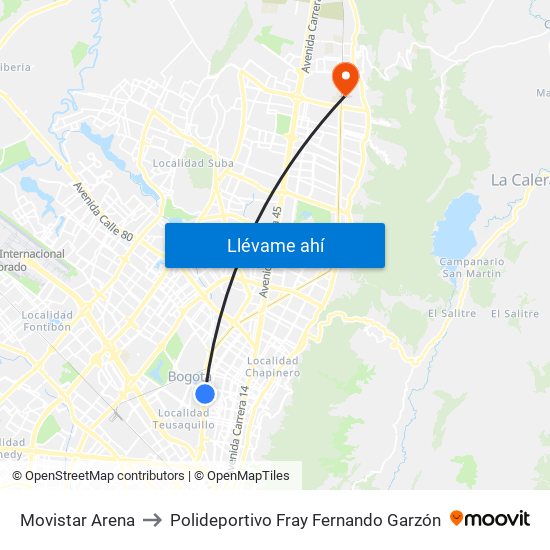 Movistar Arena to Polideportivo Fray Fernando Garzón map