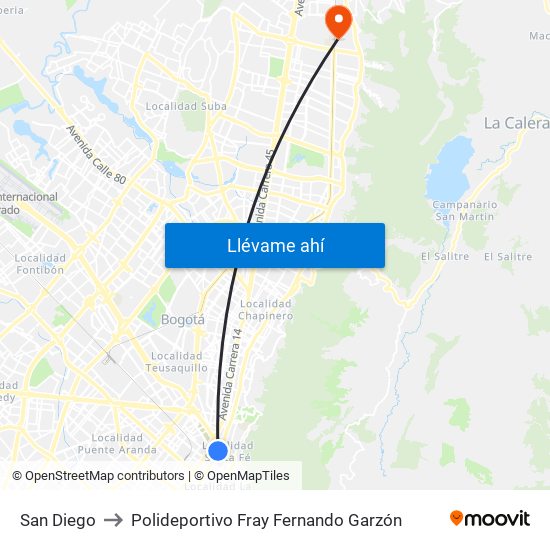 San Diego to Polideportivo Fray Fernando Garzón map