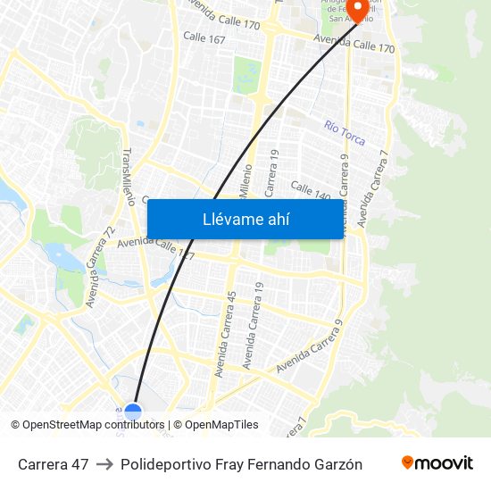 Carrera 47 to Polideportivo Fray Fernando Garzón map