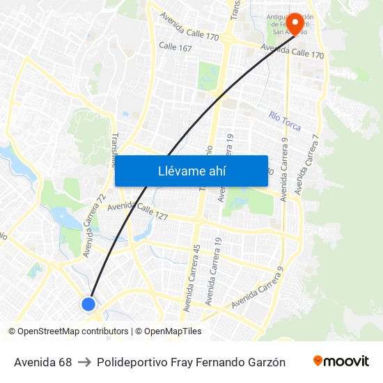 Avenida 68 to Polideportivo Fray Fernando Garzón map