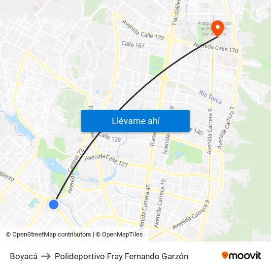 Boyacá to Polideportivo Fray Fernando Garzón map