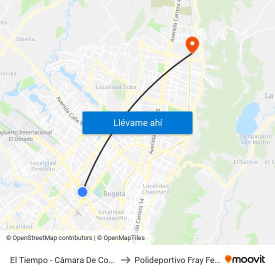 El Tiempo - Cámara De Comercio De Bogotá to Polideportivo Fray Fernando Garzón map