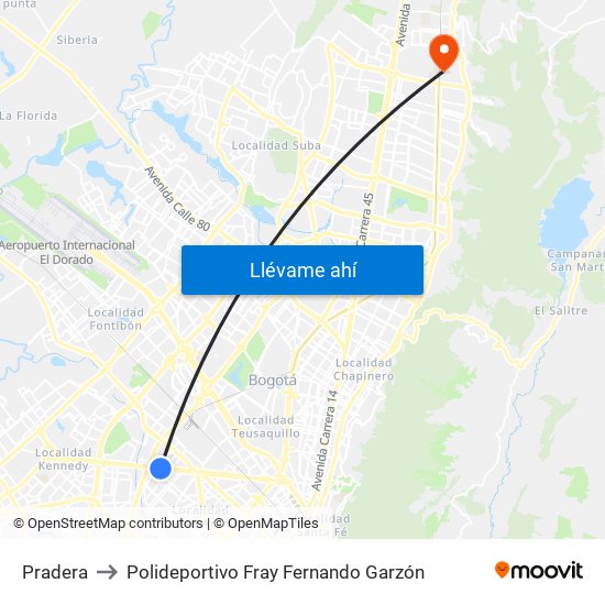 Pradera to Polideportivo Fray Fernando Garzón map