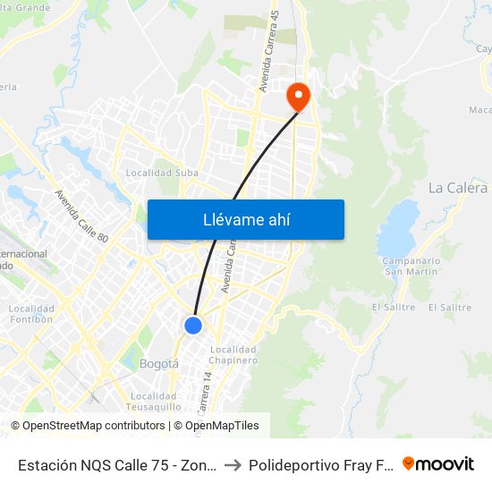 Estación NQS Calle 75 - Zona M (Av. NQS - Cl 75) to Polideportivo Fray Fernando Garzón map